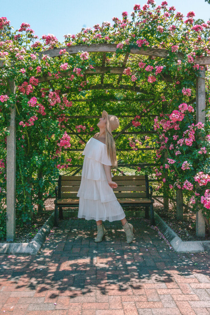 woman standing in front of roses in white dress